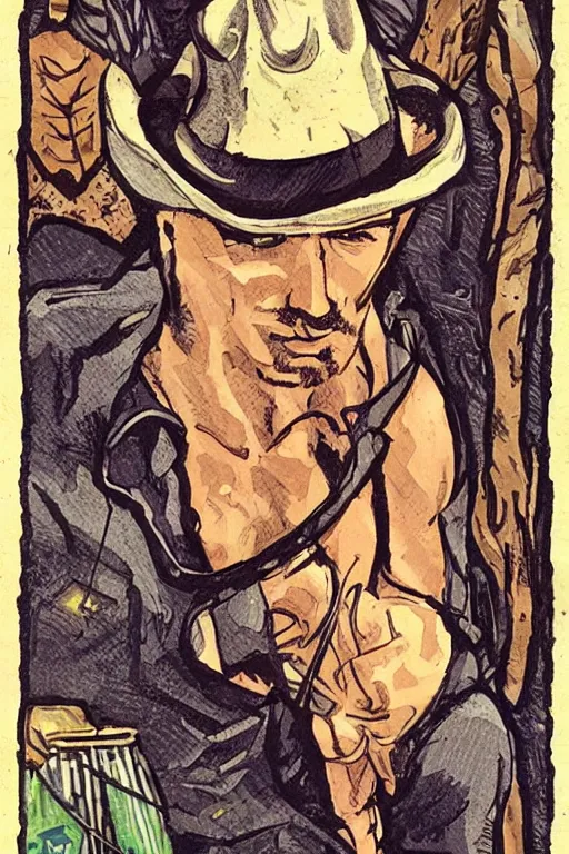 Prompt: a handsome, rugged, shirtless man in a cowboy hat with a stocky build sits next to a campfire | art nouveau, art deco, tarot card | trending on artstation