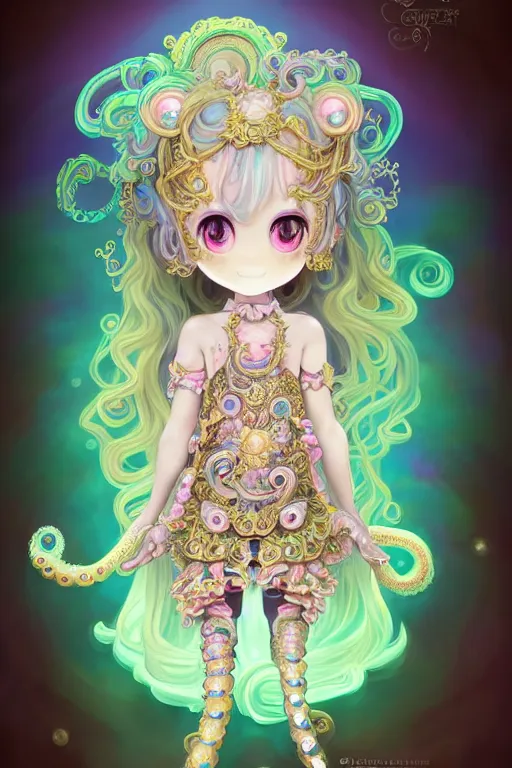 Image similar to A full body shot of a cute young magical girl wearing an ornate dress made of opals and tentacles. Chibi Monster GIrl. Subsurface Scattering. Dynamic Pose. Translucent Skin. Rainbow palette. defined facial features, symmetrical facial features. Opalescent surface. Soft Lighting. beautiful lighting. By Giger and Ruan Jia and Artgerm and WLOP and William-Adolphe Bouguereau and Loish and Lisa Frank. Fantasy Illustration. Sailor Moon. Masterpiece. trending on artstation, featured on pixiv, award winning, cinematic composition, dramatic pose, sharp, details, Hyper-detailed, HD, HDR, 4K, 8K.