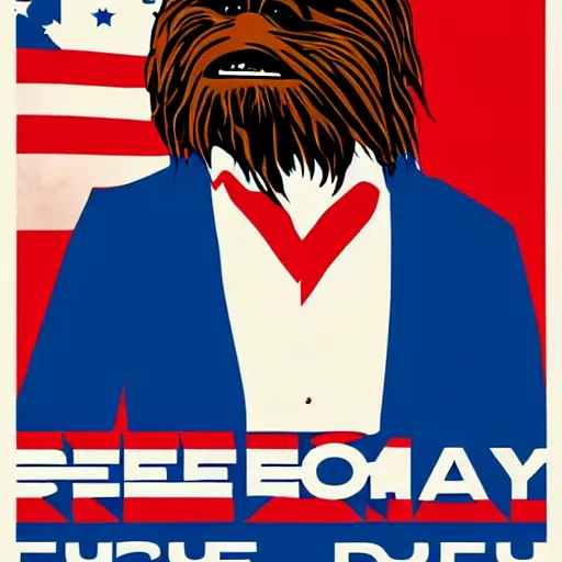 Prompt: chewbacca presidential election poster showing close up of chewbacca face red and blue duotone screenprint by sheperd fairey