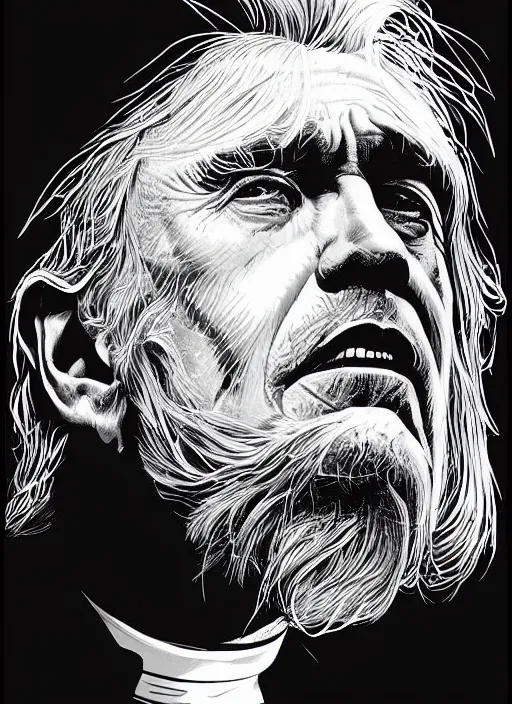 Image similar to an old chaplain with white hair, old priest wearing black clothes, backcombed white hair. art by martin ansin, martin ansin artwork. portrait.