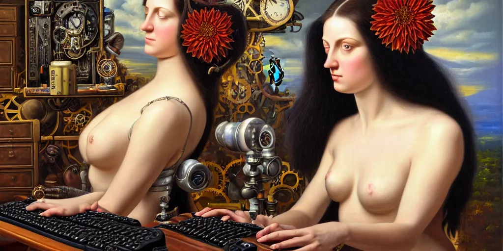 Prompt: classical oil painting, side view of a woman with dark long straight hair using a steampunk pc, a dahlia flower is in her hair, inside a cluttered storage room, sleepcap, cottagecore, steampunk pc keyboard, extremely detailed, rule of thirds, readability, smooth, sharp focus, painted by alex grey, painted by brothers hildebrandt