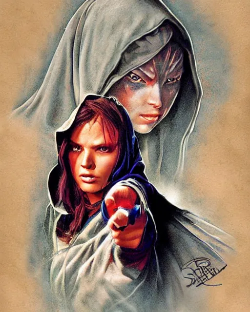 Prompt: hooded adventurer woman, airbrush, drew struzan illustration art, key art, movie poster