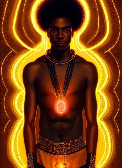 Image similar to portrait of young black man with glowing jewels, afro - futurist style, intricate, elegant, glowing lights, highly detailed, digital painting, artstation, concept art, smooth, sharp focus, illustration, art by wlop, mars ravelo and greg rutkowski