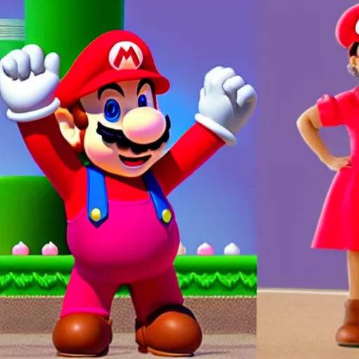 Prompt: mario from super mario wearing a pink dress, pixar animation