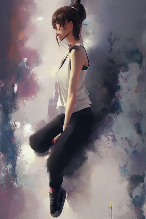 Image similar to A ultradetailed beautiful panting of a stylish girl , she is wearing Nike sneakers, Oil painting, by Ilya Kuvshinov, Greg Rutkowski and Makoto Shinkai