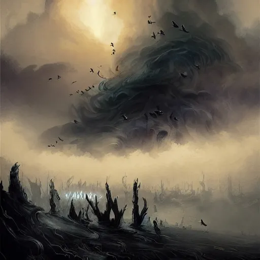 Image similar to Detailed Exterior Shot of Stormy Nightmare Evil Stormy!!! Rundetårn, light of hell, moonlight shafts, flock of birds, moody grim atmosphere, in Style of Peter Mohrbacher, cinematic lighting