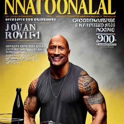 Prompt: dwayne johnson holding a jug of moonshine, cover of national geographic magazine