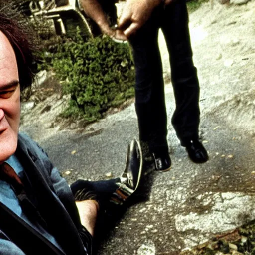 Prompt: quentin tarantino with big hairy feet outside of a hobbit hole