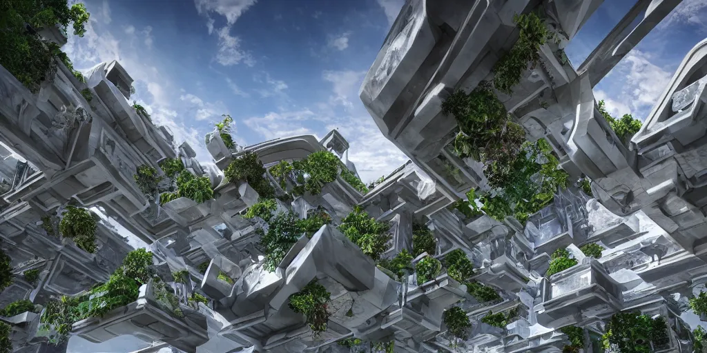 Image similar to geometrically symmetrical hanging garden based on the design of versailles in a futuristic megacity made of travertine brutalist aztec temples, sci-fi, blue sky, optimistic matte painting, concept art, style by syd mead, 8k, octane render