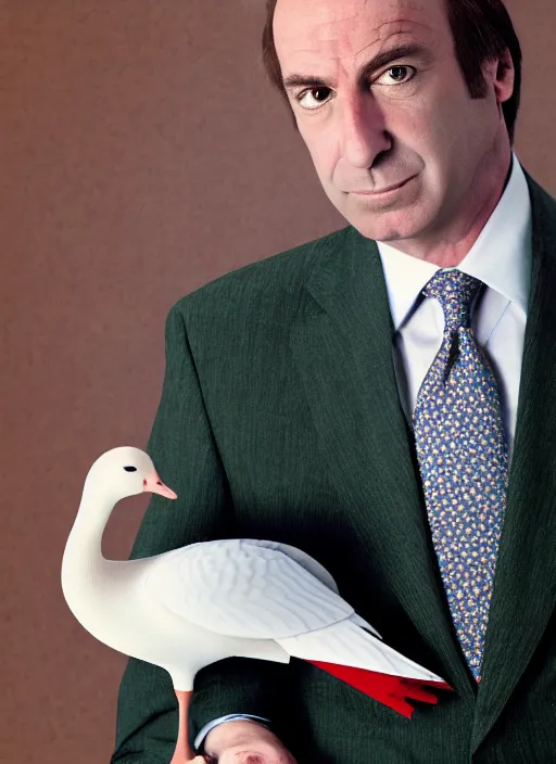 Prompt: closeup portrait of saul goodman fused with a goose, lawyer suit, in court, natural light, bloom, detailed face, magazine, press, photo, steve mccurry, david lazar, canon, nikon, focus c 9. 5
