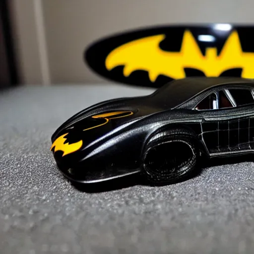 Image similar to 3 5 mm photo of metallic black batman car like hot wheels model with a batcave as background