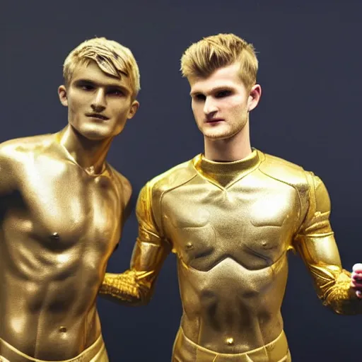 Prompt: a realistic detailed photo of a guy who is an attractive humanoid who is half robot and half humanoid, who is a male android, soccer players martin ødegaard & timo werner, shiny skin, posing like a statue, blank stare, in a museum, on display, showing off his muscles, gold soccer shorts, no jersey, statue, many copies of them