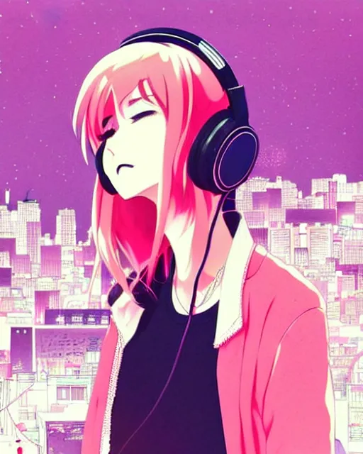 Image similar to girl wearing headphones, city background, very anime!!! anime!! intricate details, aesthetically pleasing pastel colors, poster background, art by conrad roset and ilya kuvshinov