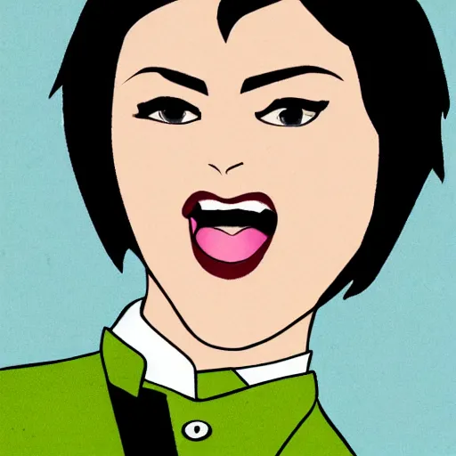 Image similar to brunette woman, short hair, flipped out hair, bright green eyes, black fascist uniform, smirk, cartoon style