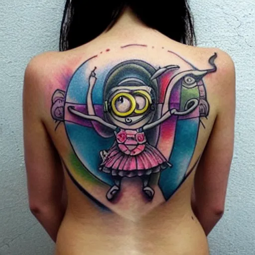 Image similar to tattoo of female on minion back, epic, colorful, beautiful, intricate detail