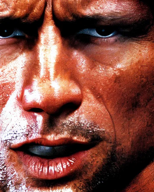 Image similar to Film still close-up shot of Dwayne Johnson as Rocky Balboa from the movie Rocky. Photographic, photography