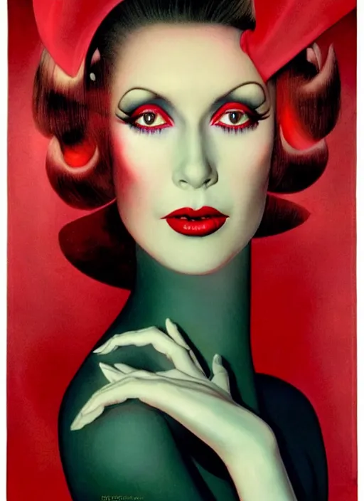 Image similar to an 8 0 s portrait of a woman with dark eye - shadow and red lips with dark slicked back hair dreaming acid - fueled hallucinations by serge lutens, rolf armstrong, delphin enjolras, peter elson, red cloth background