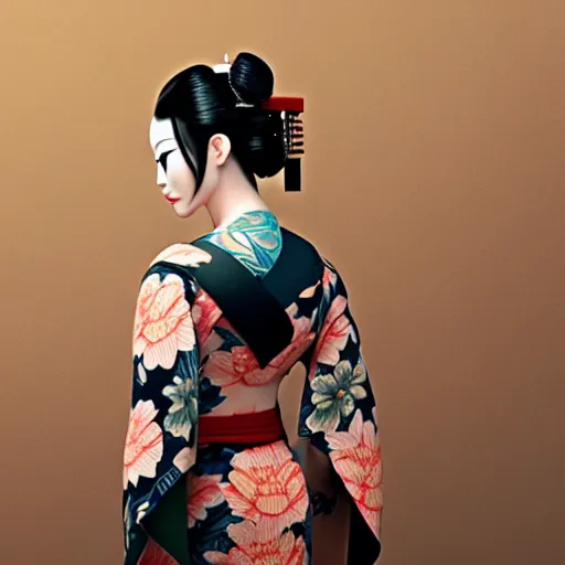 Image similar to an android geisha in a lotus position wearing a flowing kimono and tattoos, octane render, unreal engine, 8 k, cinematic, artwork by ilya kuvshinov