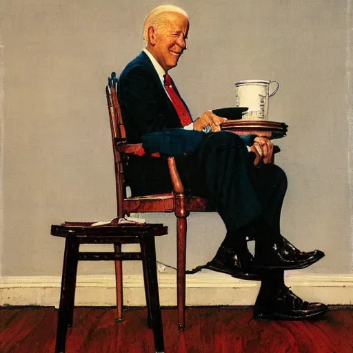 Image similar to a portrait painting by Norman Rockwell of Joe Biden sitting in a chair. Cozy fire. hands on arm rests. Legs apart