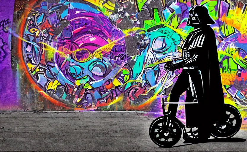 Prompt: psychedelic graffiti art of Darth Vader riding a unicycle, 4k wallpaper