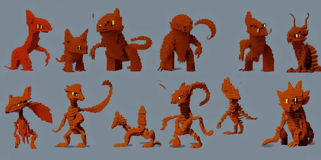 Prompt: creatures called critters, made out of few bricks. cute looking, sharp focus, moebius, character sheet, game concept art, brush work