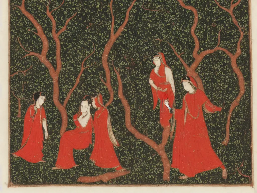 Image similar to Portrait of a young mystic dressed in white meeting the red Godess, thunderstorm, forest. Clear, high contrast Mughal Tantric miniature.