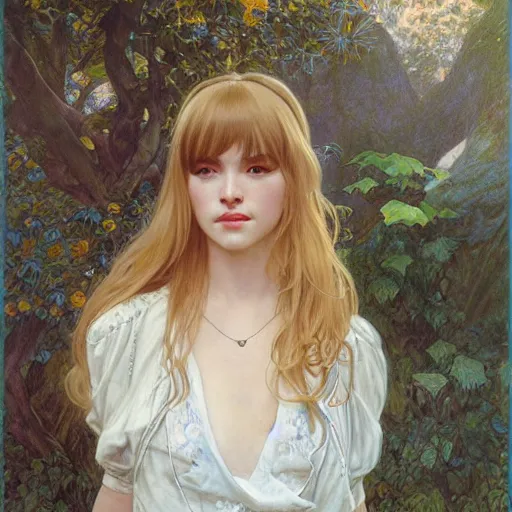 Image similar to A young woman with blonde long hair and bangs in shorts and white shirt drawn by Donato Giancola and Jon Foster, frank frazetta, alphonse mucha, background by James Jean and gustav klimt, 4k, volumetric lighting, french nouveau, trending on artstation, octane render, hyperrealistic