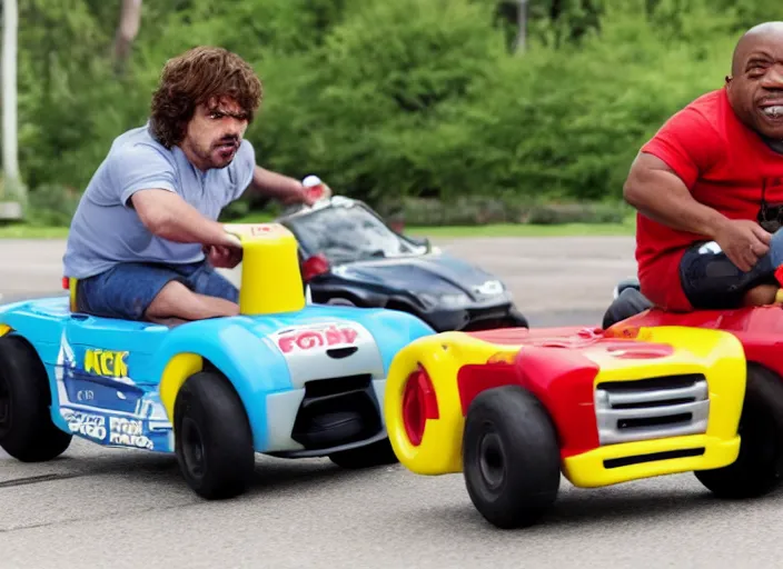 Image similar to peter dinklage racing gary coleman driving a little tikes cars, movie still, from the new fast and furious movie, 8 k, realistic