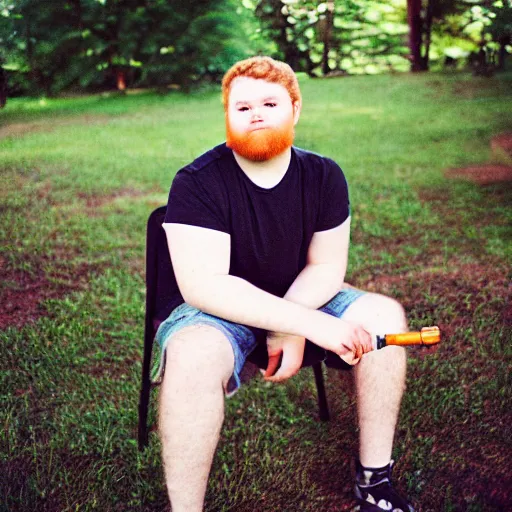 Image similar to “A 20 year old, ginger, tall, chubby, polish-American college student, with a scruffy beard, sitting in his back yard drinking beer, 8 mm lens photography,”