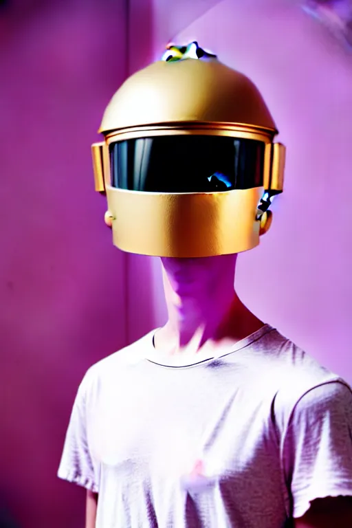 Image similar to a high definition film photograph of a normal androgynous robot human wearing a plain white t - shirt, in a pastel pink room. happy. metal visor covering eyes. metallic shiny gold coloured helmet. crushed shadows.