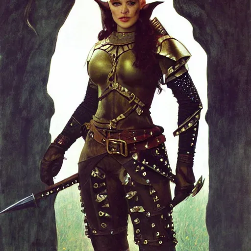 Image similar to half length portrait of hannah waddingham as an elf ranger in studded leather armor, d & d, medieval, fantasy, royo, klimt, miro, vallejo, frazetta, alphonse mucha, greg rutkowski, whealan