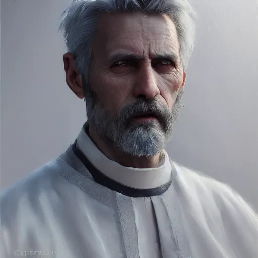 Image similar to An oil painting of a man dressed in priest robes, 50 years old, chad jaw line, short grey hair, trimmed beard, sharp facial features, beautiful, highly detailed, by Cédric Peyravernay, trending on artstation