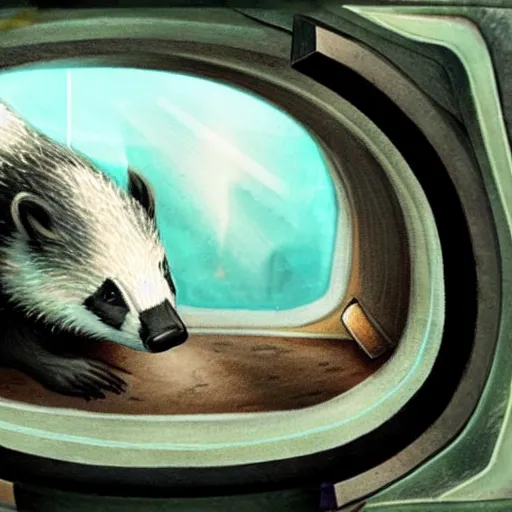 Image similar to a badger looking wistfully out of a spaceship window, sci-fi illustration,