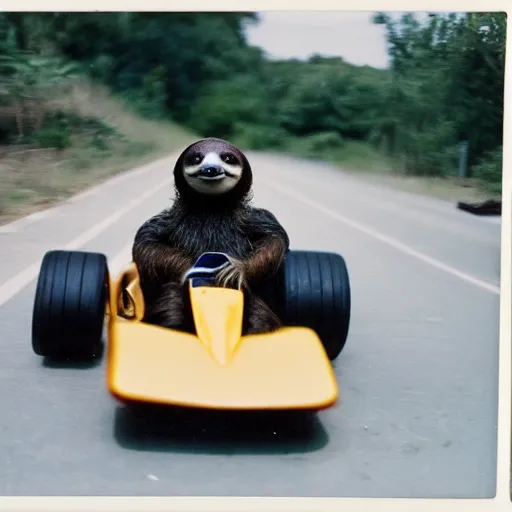 Prompt: photo of a sloth in a go kart on a race track, sloth is holding a banana, polaroid 6 0 0 film