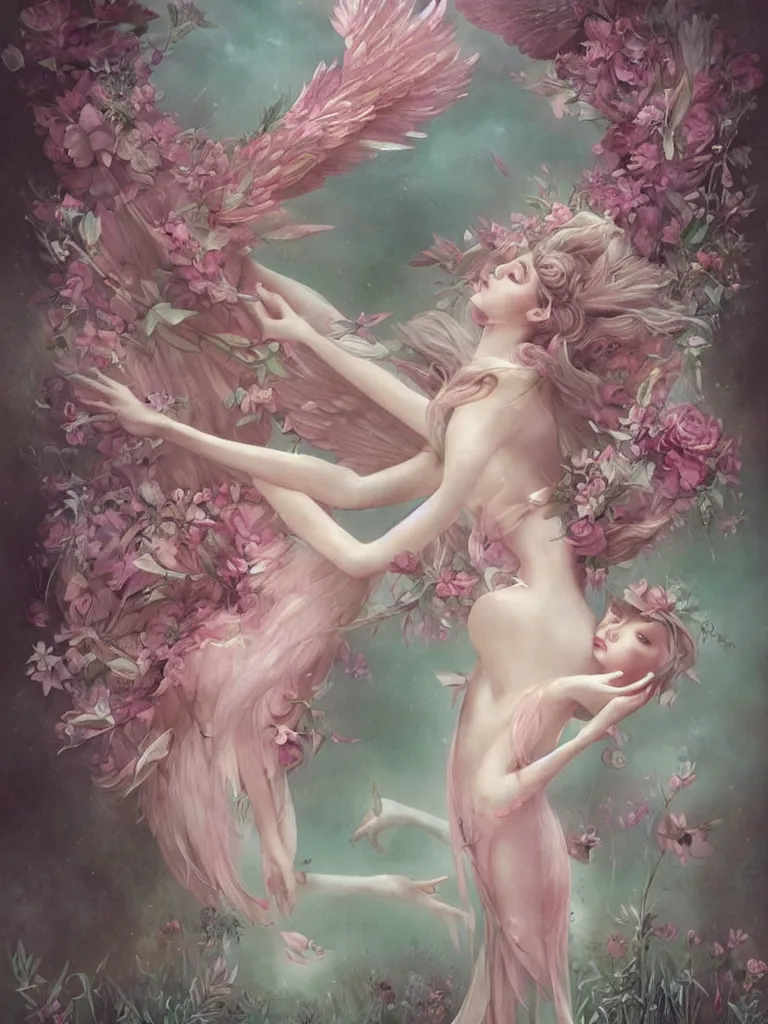 Image similar to symmetry!! a pink beautiful fairy with large wings and flowing hair is exploring her flower garden, style of tom bagshaw, extremely detailed, muted colors, negative space
