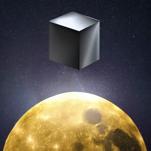 Prompt: a scratched dull metal cube floating above a dark alien moonscape, moody, atmospheric, epic, cinematic