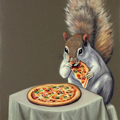 Image similar to a painting of a squirrel in kimono eating pizza in baroque style