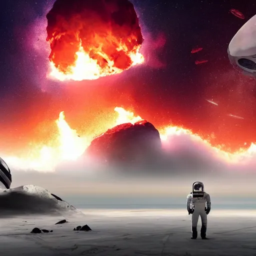 Image similar to astronaut stranded on planet, destroyed ship that is crash landing, exploding planet in background, fire, white smoke, impending fear, 4 k, dystopian, lonely, isolated space station in space, sci - fi, crash landing, asteroids.