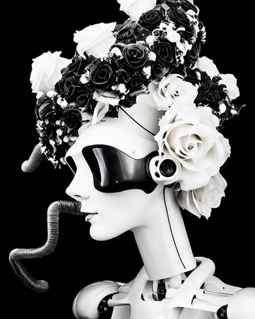 Image similar to dreamy surreal poetic black and white photo of a beautiful young bio-mechanical-female-cyborg-plastic-robot with a very long neck and a super big gothic lace collar and a very high big floral crown with many black dry roses by Vivienne Westwood:: smoke, high fashion, haute couture, rococo, avant-garde, elegant, dreamy, hyper realistic, 150 mm lens, soft rim light, octane render, unreal engine, picture was taken in 1910 by Dora Maar, volumetric lighting, dramatic light,8k,