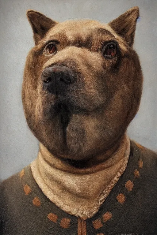 Image similar to Slavic Cynocephaly dog head man, woolen torso in medieval clothes, oil painting, hyperrealism, beautiful, high resolution, trending on artstation,