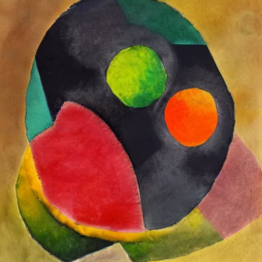 Prompt: obsidian sphere with fruit in the style of Paul Klee