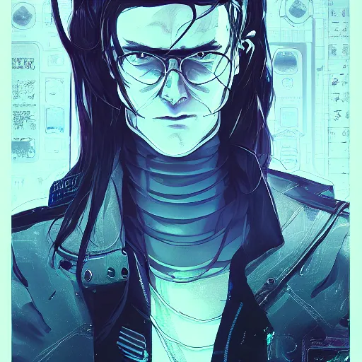 Image similar to william gibson as Case from Neuromancer, ambient lighting, 4k, anime key visual, lois van baarle, ilya kuvshinov, rossdraws, artstation