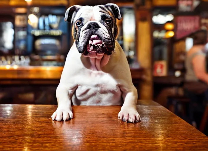 Image similar to a closeup, 4 5 mm, detailed photograph of a english bulldog drinking a beer on a bar - stool, sitting at a bar on a bar - stool, beautiful low light, 4 5 mm, by franz lanting