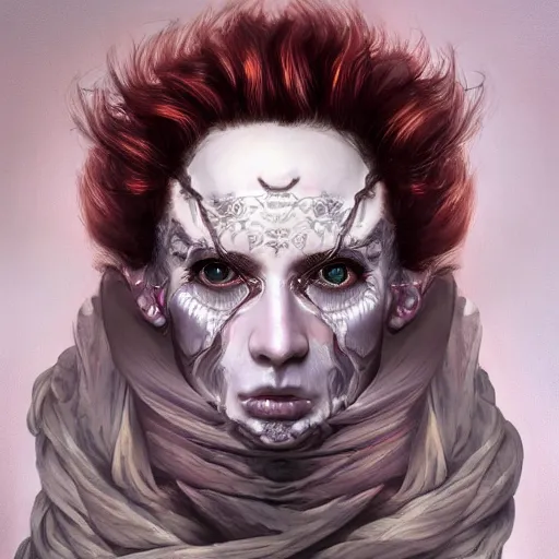 Image similar to portrait of a Shibari rope wrapped face and neck, headshot, insanely nice professional hair style, dramatic hair color, digital painting, of a old 15th century, old cyborg merchant, amber jewels, baroque, ornate clothing, scifi, realistic, hyperdetailed, chiaroscuro, concept art, art by Franz Hals and Jon Foster and Ayami Kojima and Amano and Karol Bak,