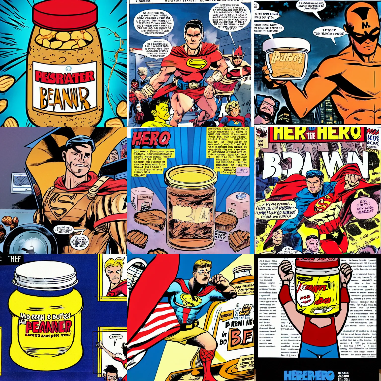 Prompt: jar of peanut butter as the hero on the front page of a comic book dc