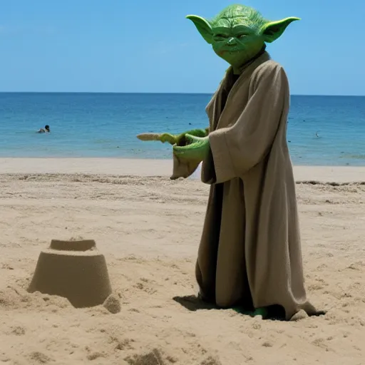 Prompt: Yoda building a sand castle on the beach