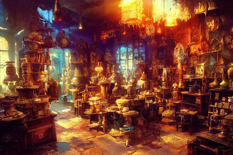 Prompt: the interior of a mystical antique shop with strange artifacts, painted by craig mullins and paul lehr, beautiful light,