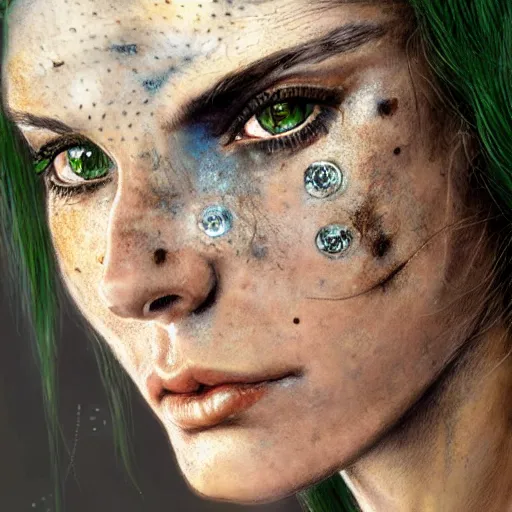 Image similar to an award finning closeup facial portrait by luis royo and john howe of a very beautiful and attractive female bohemian cyberpunk traveller aged 8 0 with green eyes and freckles in clothed in excessively fashionable cyberpunk gear and wearing ornate warpaint