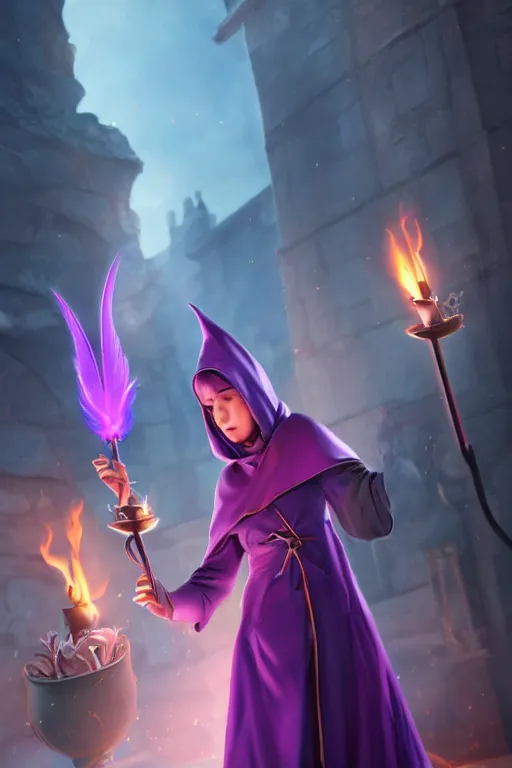 Prompt: short woman in prudish purple wizards apprentice robes with pointy hat at a crowded magical university, a flaming magical red flame hummingbird pet, full body shot unreal engine hyperreallistic render 8k character masterpiece digital art, cell shader shading, raytracing, comic art, manga, trending on Artstation, CGSociety