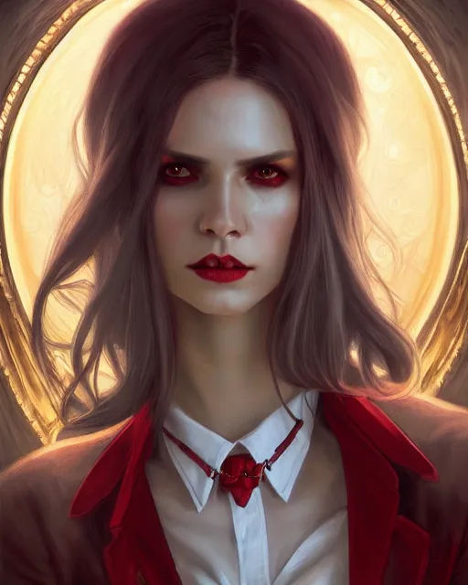 Image similar to female vampire, perfect face, gold waistcoat, red shirt, long grey hair, red necktie, cinematic, stunning, highly detailed, digital painting, artstation, smooth, hard focus, illustration, art by artgerm and greg rutkowski and alphonse mucha